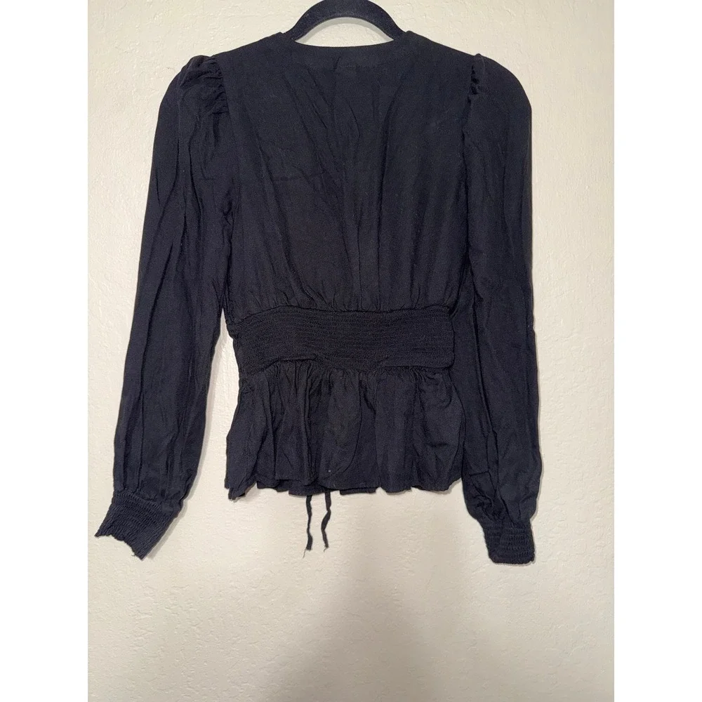 Old Navy Black Long Sleeve Peplum Blouse‎ V Neck Cinched Waist Tie Front Size S